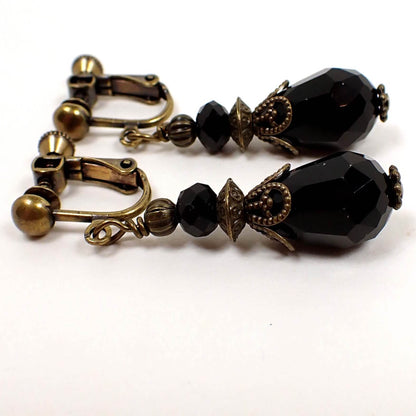 Handmade Vintage Style Black Teardrop Earrings with Antiqued Brass Hook Lever Back or Clip On