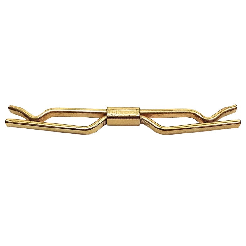 Side view of the Mid Century vintage angled collar clip. It is gold tone in color. The front has angled out areas in the middle.