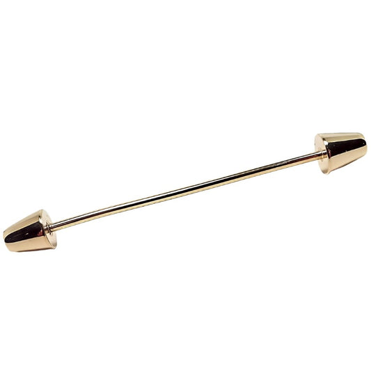 Front view of the 1950's Mid Century vintage collar bar. The metal is gold tone in color. There is a thin rounded bar in the middle with a cone shaped end on each side.