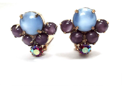 Moonglow Glass and Rhinestone Vintage Clip on Earrings