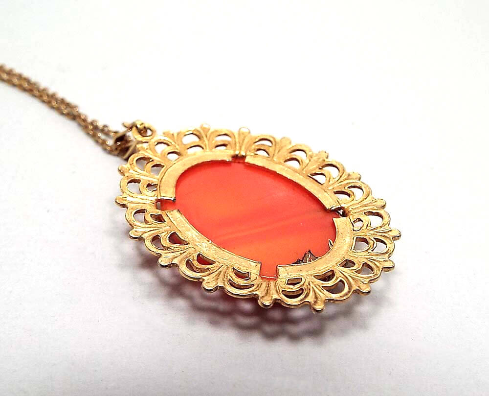 Orange and Metallic Gold Rose Flower Vintage Pendant Necklace