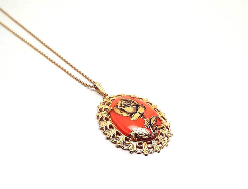 Orange and Metallic Gold Rose Flower Vintage Pendant Necklace