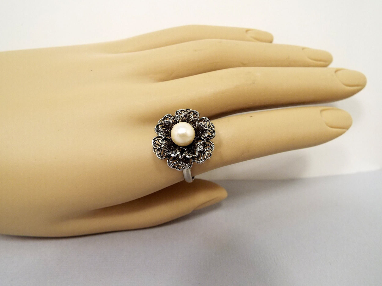 Adjustable Vintage Faux Pearl Filigree Flower Ring