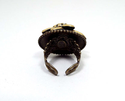 Ollipop Black Enameled Vintage Flower Adjustable Ring