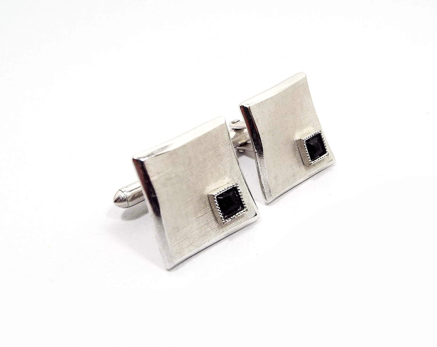 Swank Silver Tone and Black Glass Vintage Cufflinks, Square Cuff Links