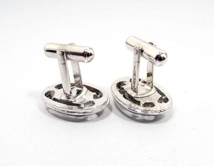 Black and Silver Tone Vintage Oval Cufflinks, Retro 1970s Cuff Links