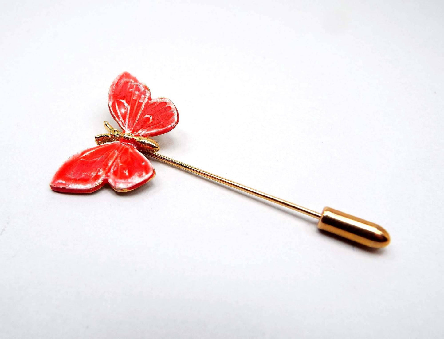Dark Coral Pink Enameled Vintage Butterfly Stick Pin