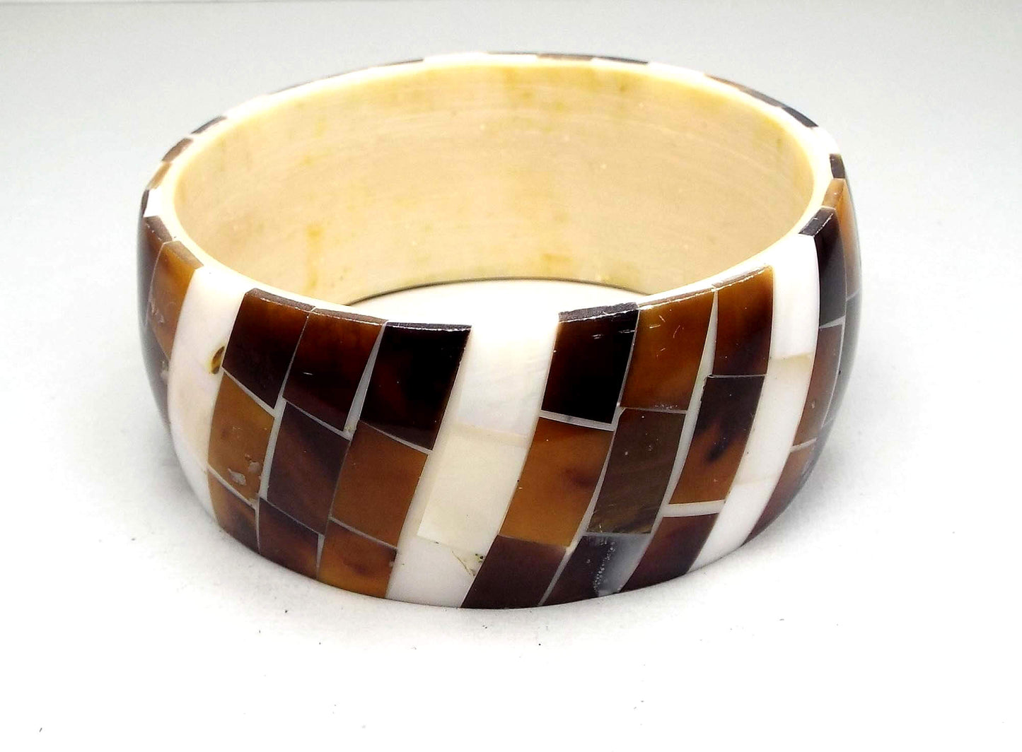 Wide Bone with Inlaid Horn and Mother of Pearl Vintage Bangle Bracelet