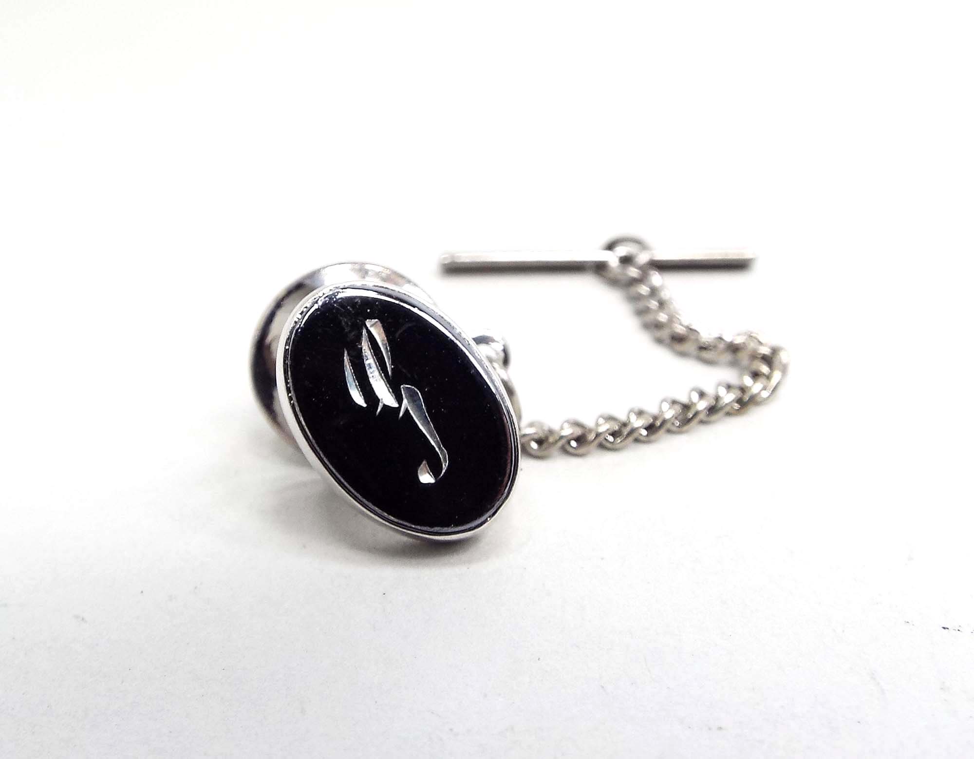 Faux Hematite Vintage Letter Initial S Tie Tack, Engraved Tie Pin