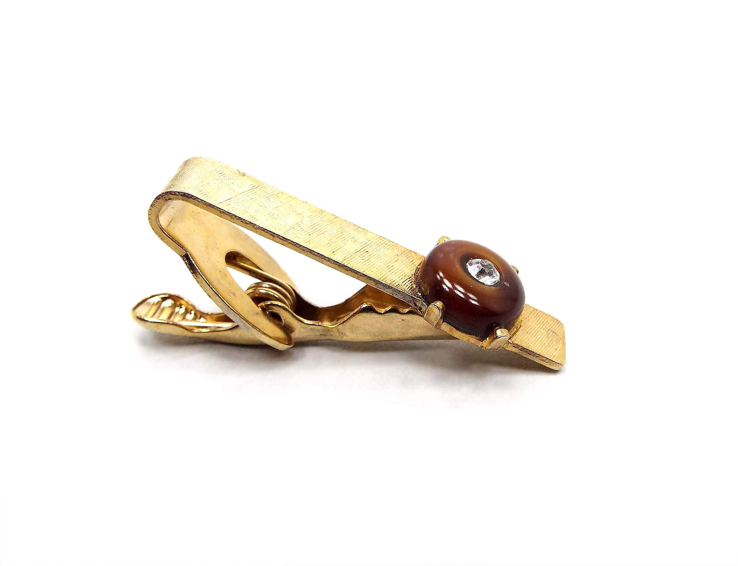 Brown Glass and Rhinestone Vintage Tie Clip Clasp
