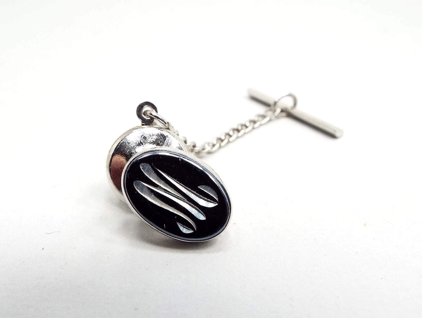 Faux Hematite Vintage Letter Initial M Tie Tack, Hipster Tie Pin