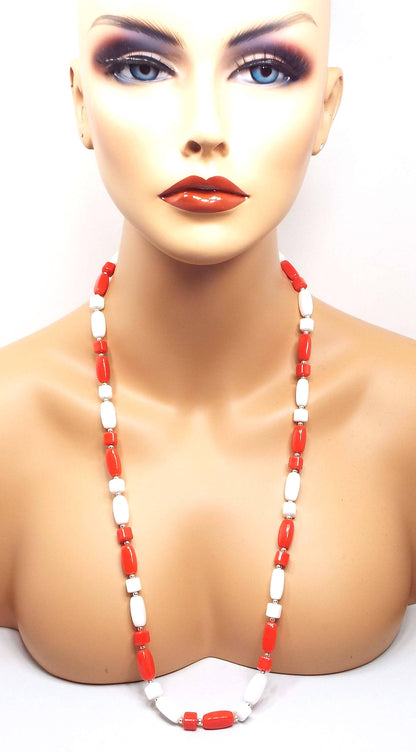 Red and White Vintage Lucite Beaded Necklace