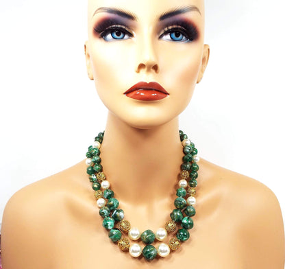 Green Multi Strand Faux Pearl and Plastic Beaded Vintage Necklace