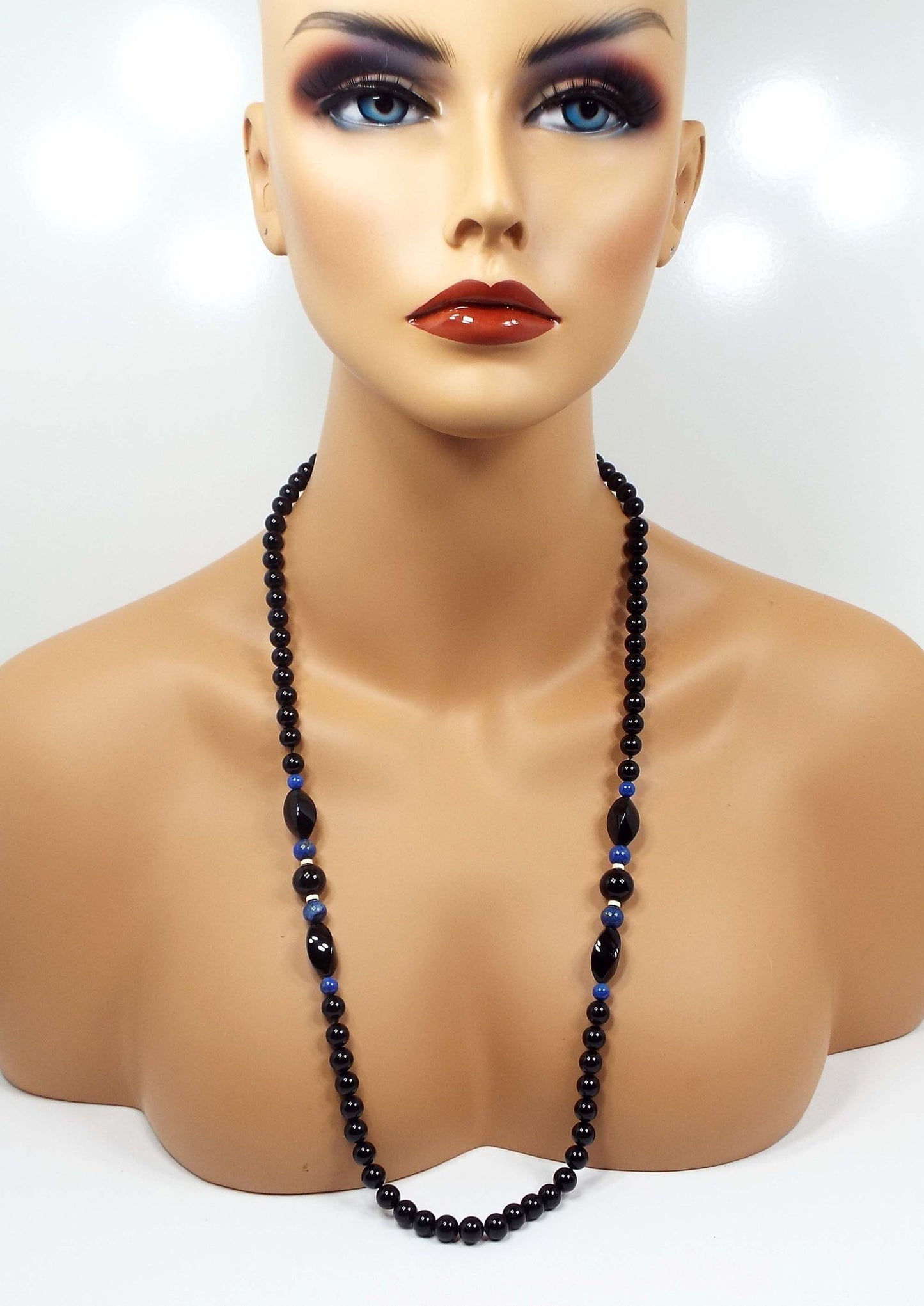 Dyed Lapis Lazuli and Onyx Beaded Vintage Necklace