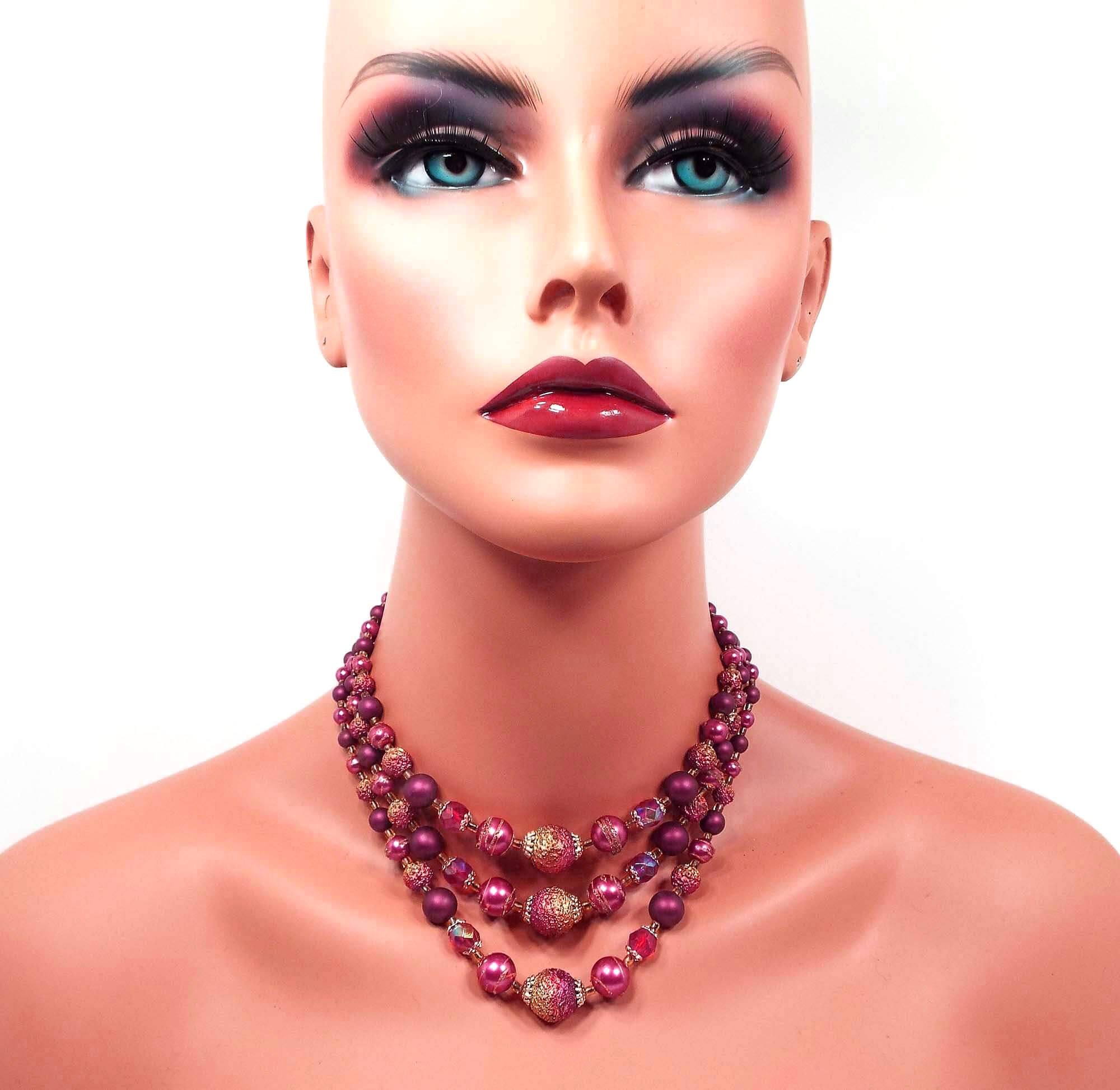 Mid Century Japan Pink Purple Multi Strand Beaded Vintage Necklace