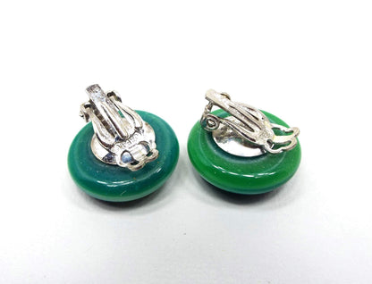 Japan Green Fancy Glass Vintage Clip on Earrings
