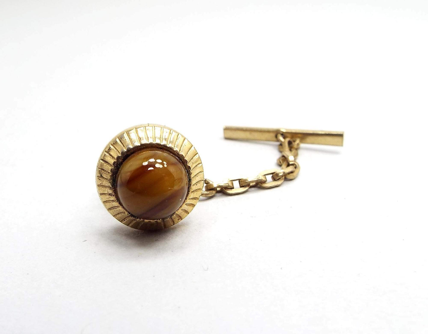 Brown and Yellow Glass Vintage Tie Tack, Domed Tie Pin