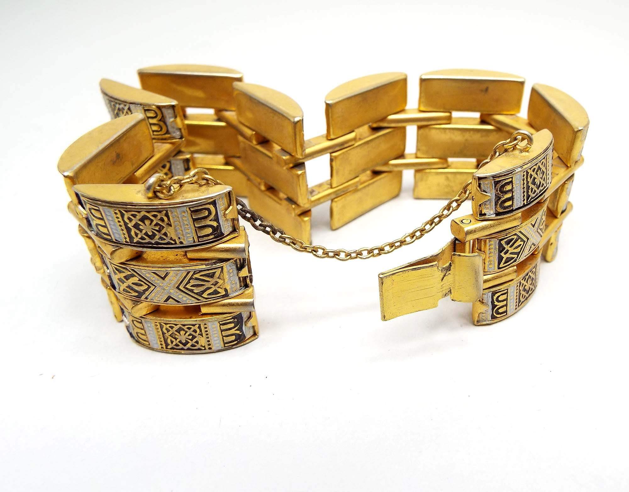 Pulsera ancha vintage de eslabones damasquinados con cadena de seguridad