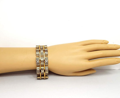 Wide Vintage Damascene Link Bracelet with Safety Chain