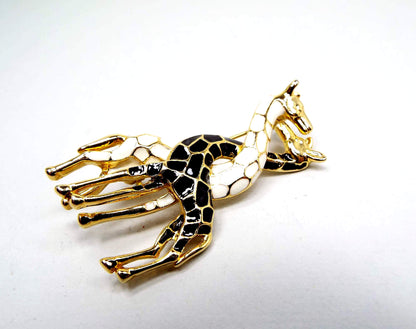 Black and White Enameled Giraffe Vintage Brooch Pin