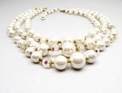Japanese Faux Pearl and AB Crystal Vintage Multi Strand Necklace