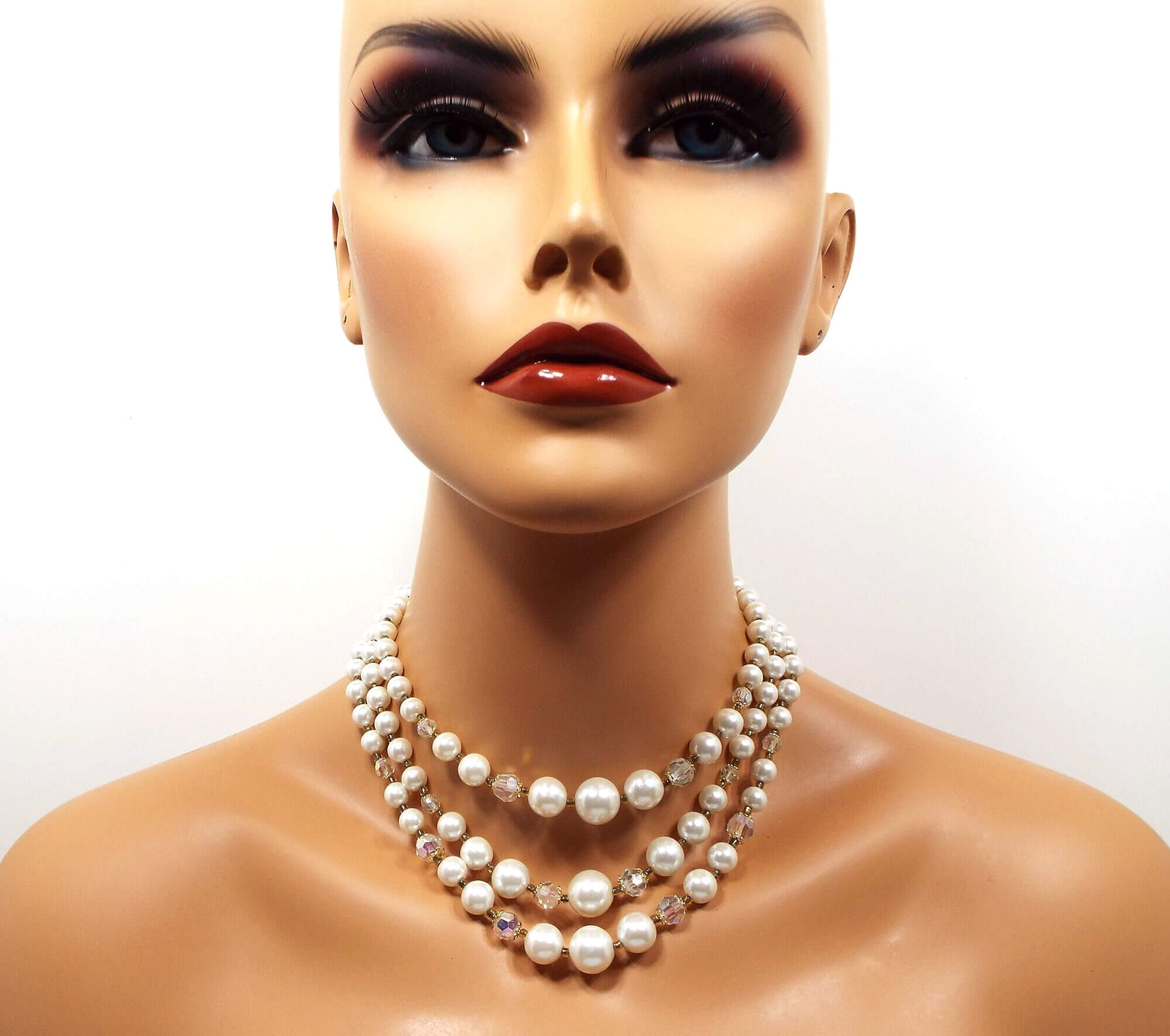 Japanese Faux Pearl and AB Crystal Vintage Multi Strand Necklace