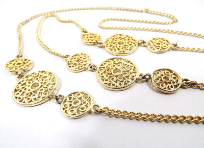 Long Gold Tone Vintage Filigree Link Chain Necklace