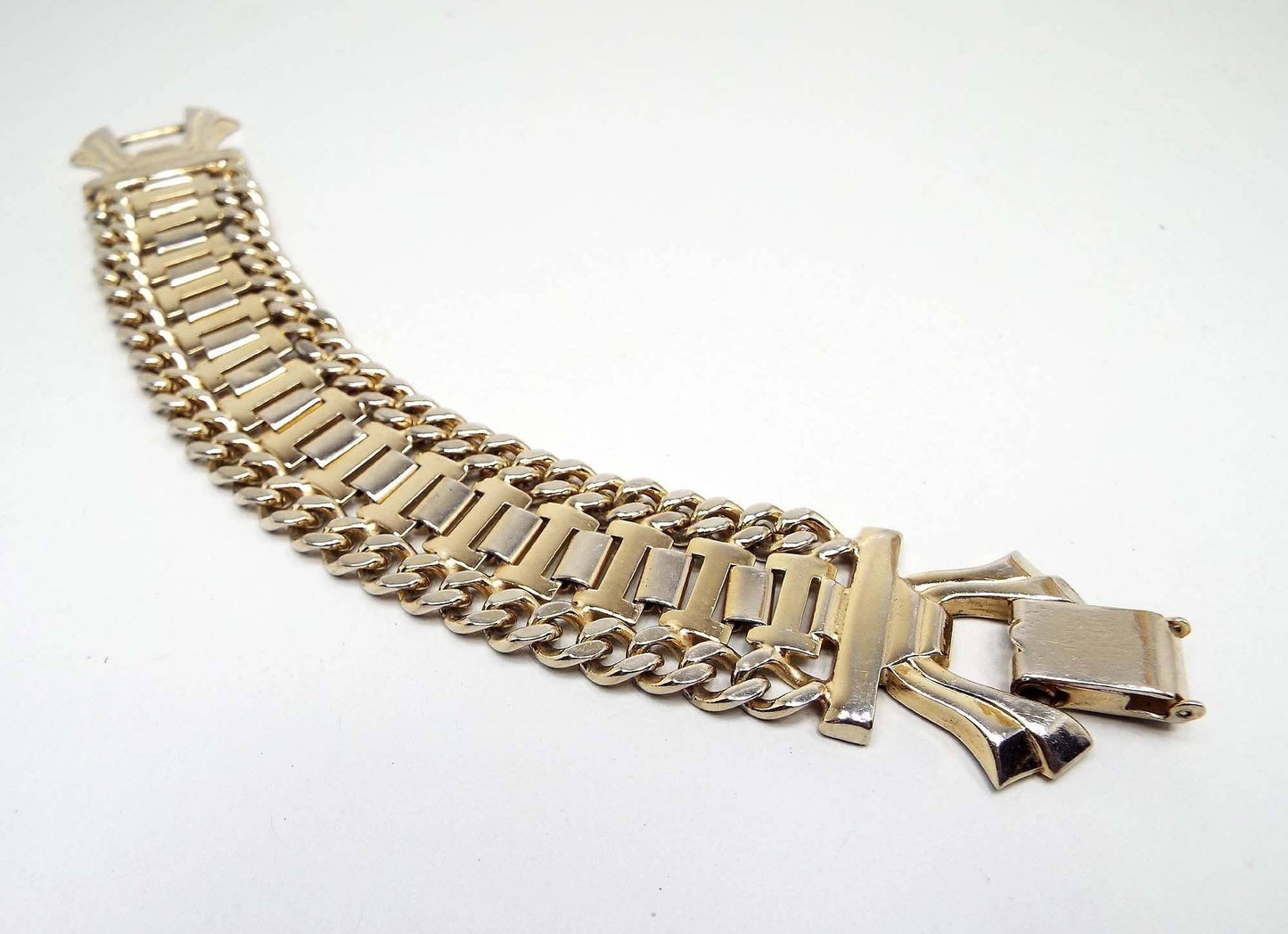 Wide Vintage Link Bracelet, Mid Century 1960s, Gold Tone, Mod Jewelry