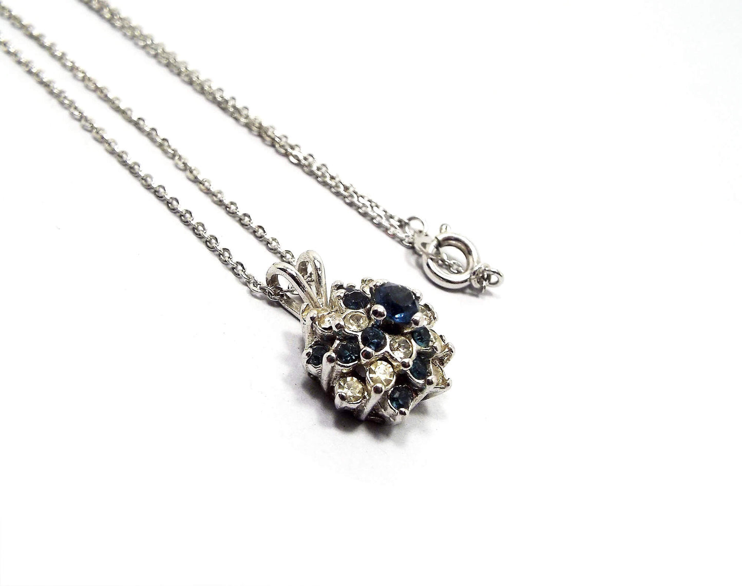 Small Clear and Dark Blue Rhinestone Vintage Pendant Necklace