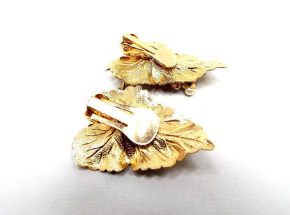 Faux Pearl and Rhinestone Leaf Vintage Clip on Earrings
