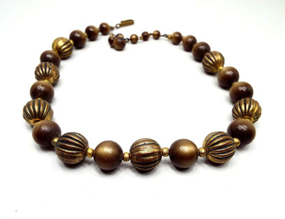 Brown Moonglow Lucite and Brass Beaded Vintage Choker Necklace
