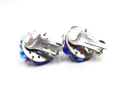 AB Blue Crystal Cluster Beaded Vintage Clip on Earrings