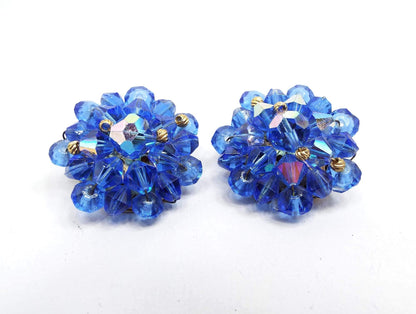 AB Blue Crystal Beaded Vintage Clip on Earrings