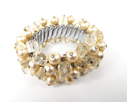 Japan Vintage Faux Pearl and Glass Crystal Beaded Expansion Bracelet