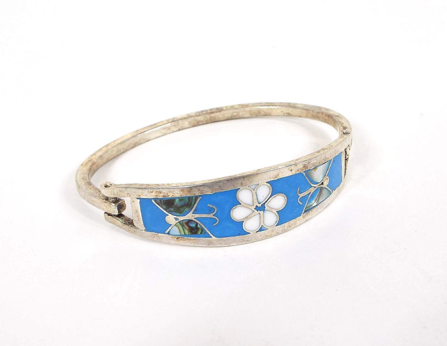 Small Taxco Blue Enameled Vintage Butterfly Hinged Bangle Bracelet with Abalone