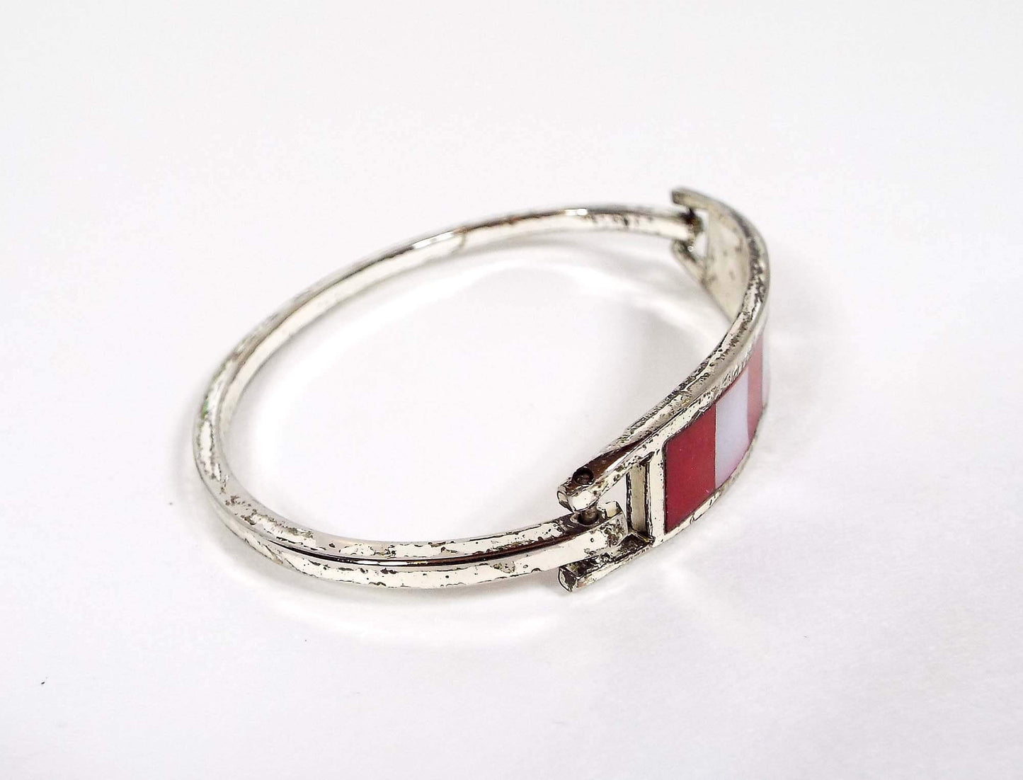 Vintage Red and White Striped Hinged Bangle Bracelet with Mother of Pearl