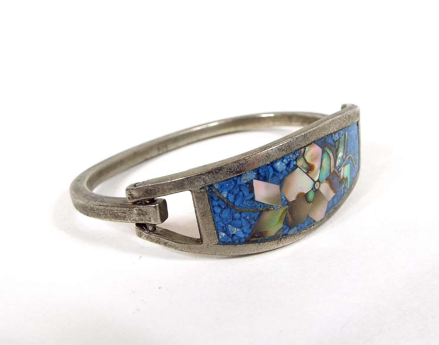 Very Small Vintage Blue Hinged Bangle Bracelet with Stone Chips and Inlaid Abalone