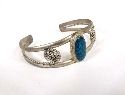 Mexican Alpaca Vintage Cuff Bracelet with Blue Dyed Stone Chip Mosaic Design
