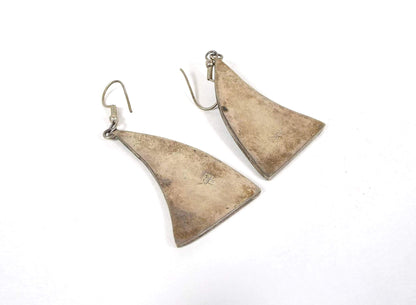 Mexican Alpaca Blue Stone Chip and Abalone Vintage Curved Triangle Earrings