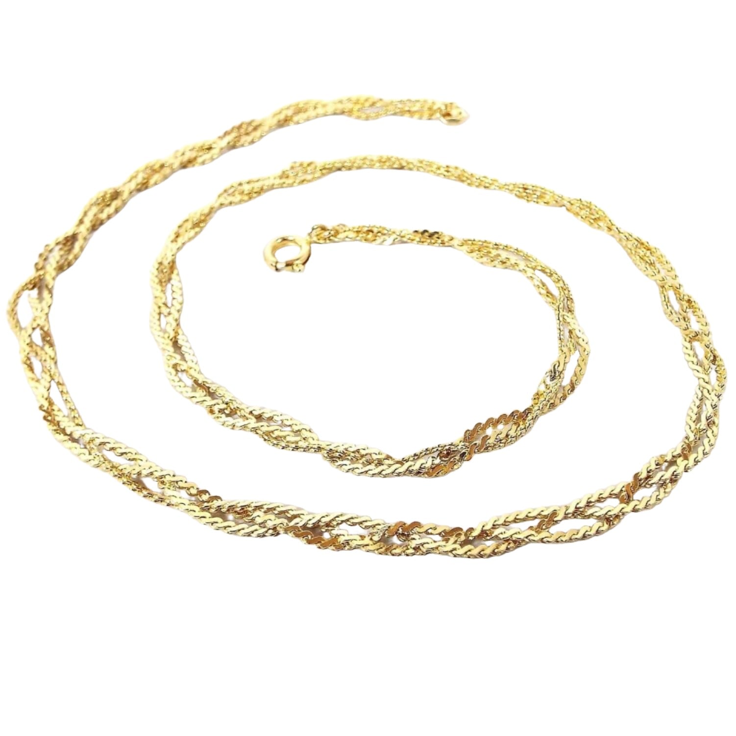 Top view of the retro vintage multi strand chain necklace. The metal is gold tone in color. There are three strands of thinner sized serpentine chain that are braided together giving it a twist like design. There is a round spring ring clasp at the end.