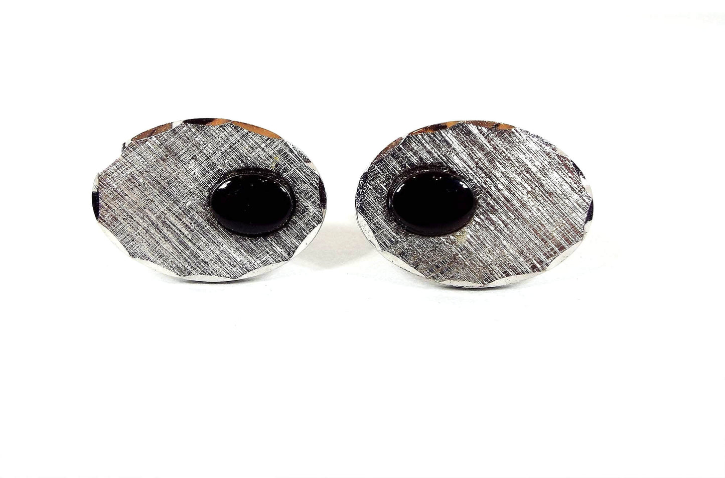 JML Sterling Silver and Onyx Gemstone Vintage Cufflinks, Faceted Oval Cuff Links