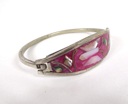 Mexican Alpaca Pink Vintage Hinged Butterfly Bangle Bracelet
