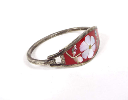 Mexican Alpaca Small Red Vintage Hinged Flower Bangle Bracelet