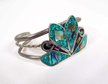 Inlaid Mosaic Turquoise Chip and Abalone Vintage Cuff Bracelet