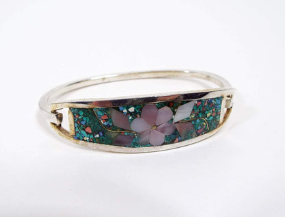 Taxco Vintage Hinged Bangle Bracelet with Inlaid Stone Chips and Mother of Pearl