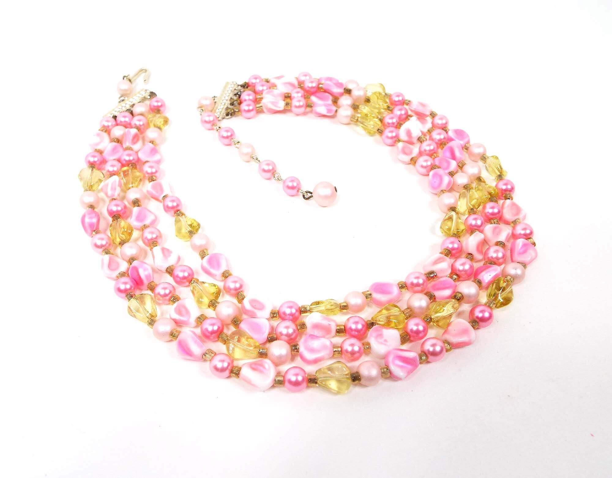 Japan Pink and Yellow Multi Strand Beaded Vintage Necklace