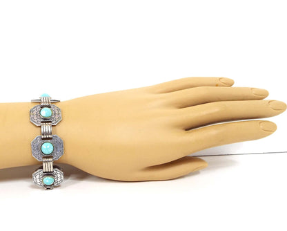 Southwestern Style Vintage Link Bracelet with Blue Plastic Cabs