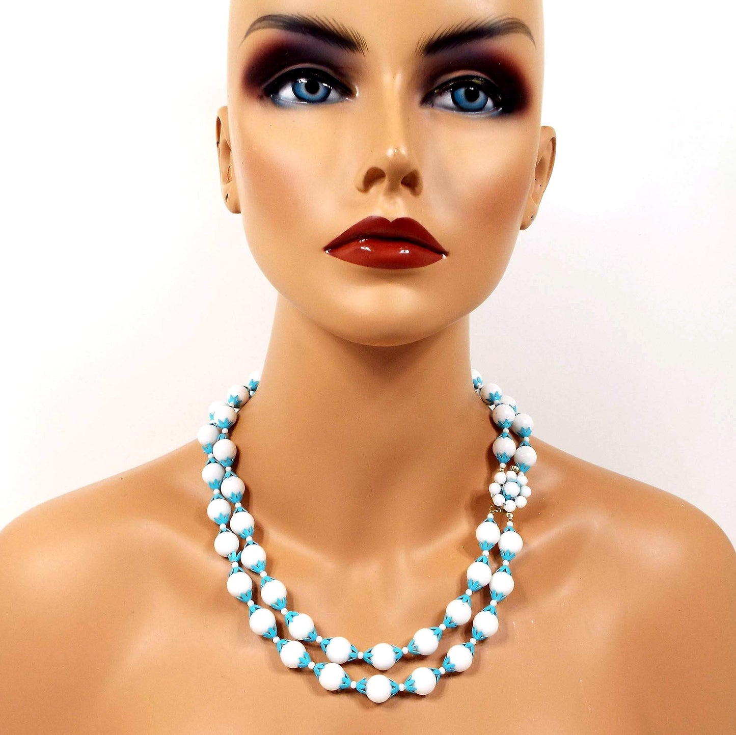 Hong Kong Blue and White Plastic Beaded Vintage Multi Strand Necklace