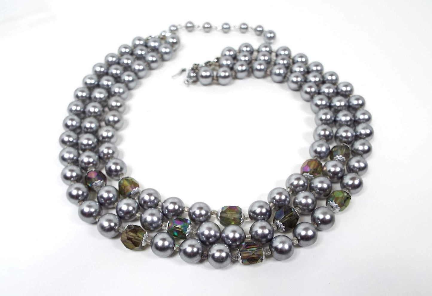 Gray Faux Pearl and AB Crystal Beaded Vintage Multi Strand Necklace