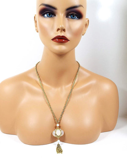 Park Lane Rhinestone and Moonglow Lucite Vintage Tassel Necklace